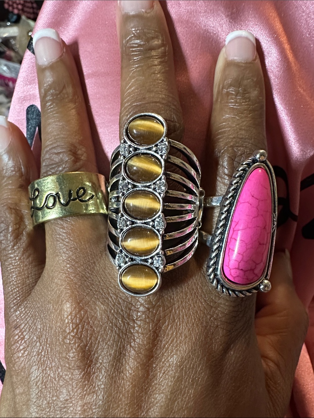 3 PCS Silver Multi-Stone Ring Pink,brown Gold with “love”on it- stretchy